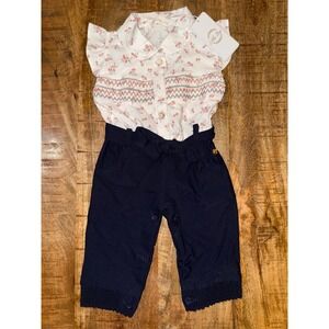 Little Star Baby Girl Smocked Floral One Piece Jumpsuit Navy White 3-6M NWT